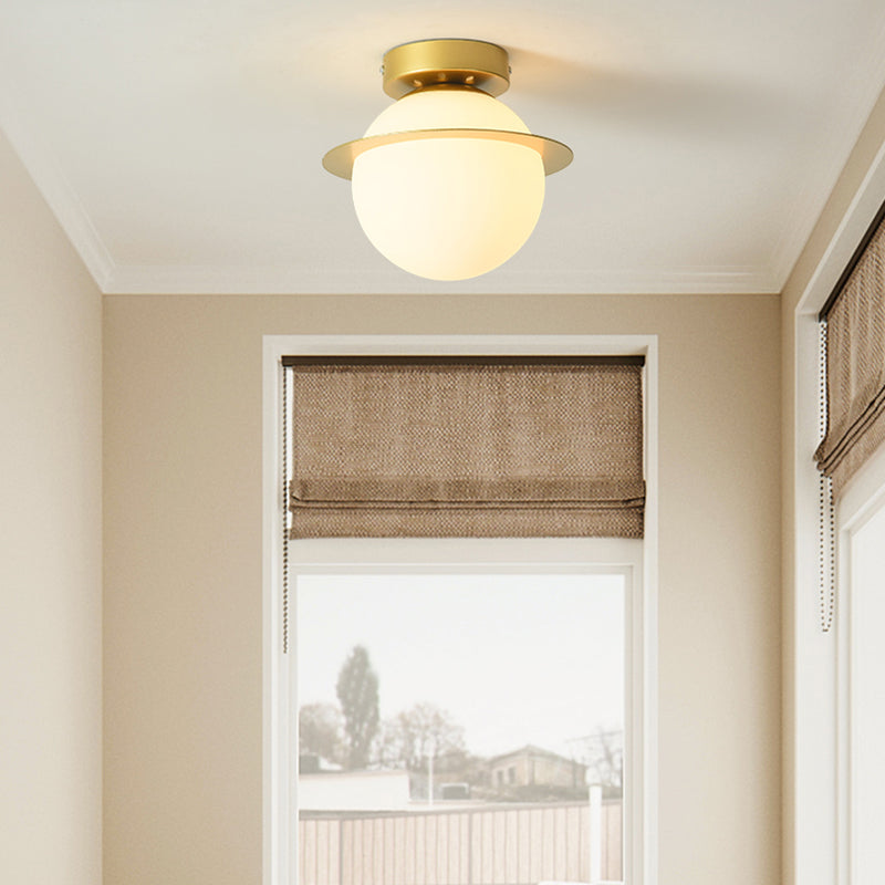 Nordic 1-Bulb Flush Mount Ceiling Light in Gold Finish with White Glass Globe