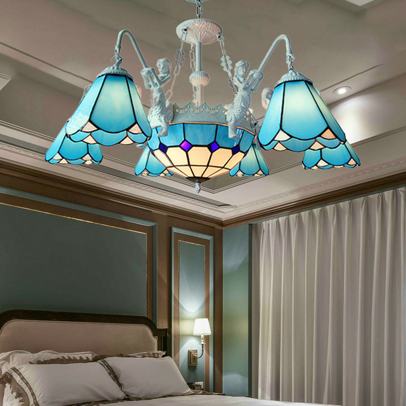 Lustre suspendu baroque en vitrail avec 7/9 lumières - Kit d'éclairage suspendu jaune/bleu pour salon