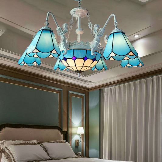 Lustre suspendu baroque en vitrail avec 7/9 lumières - Kit d'éclairage suspendu jaune/bleu pour salon