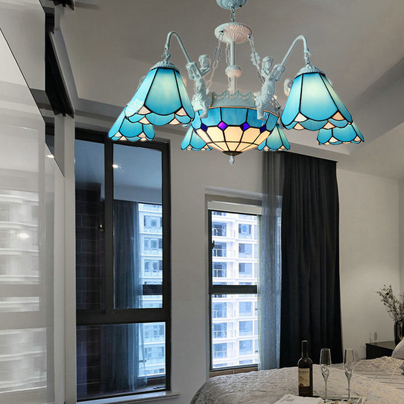 Lustre suspendu baroque en vitrail avec 7/9 lumières - Kit d'éclairage suspendu jaune/bleu pour salon