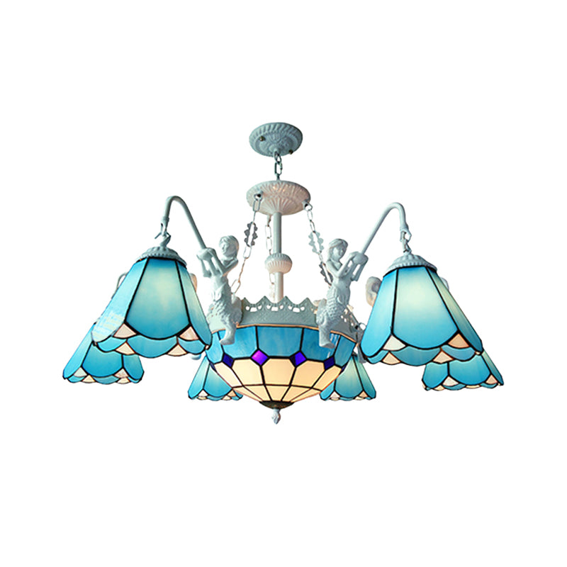 Lustre suspendu baroque en vitrail avec 7/9 lumières - Kit d'éclairage suspendu jaune/bleu pour salon