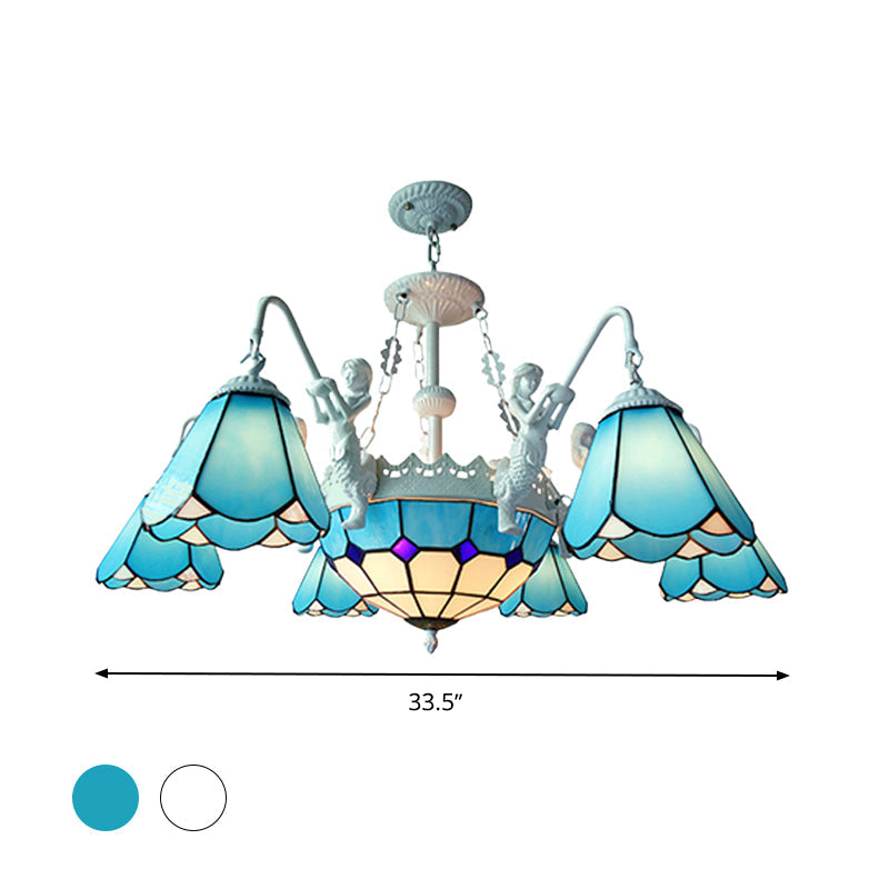 Lustre suspendu baroque en vitrail avec 7/9 lumières - Kit d'éclairage suspendu jaune/bleu pour salon