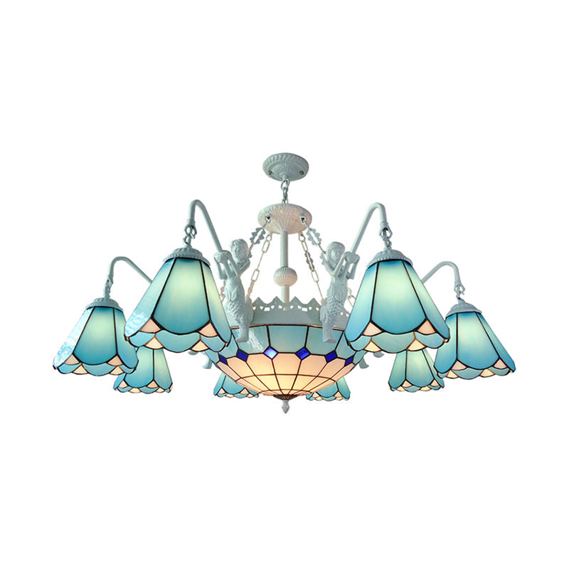 Lustre suspendu baroque en vitrail avec 7/9 lumières - Kit d'éclairage suspendu jaune/bleu pour salon