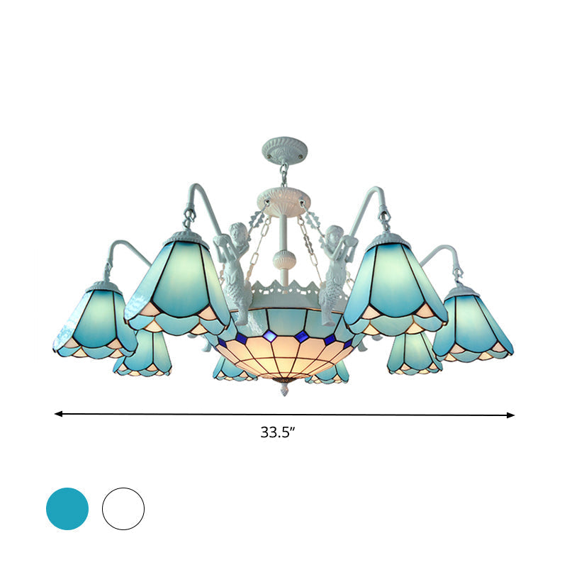 Lustre suspendu baroque en vitrail avec 7/9 lumières - Kit d'éclairage suspendu jaune/bleu pour salon