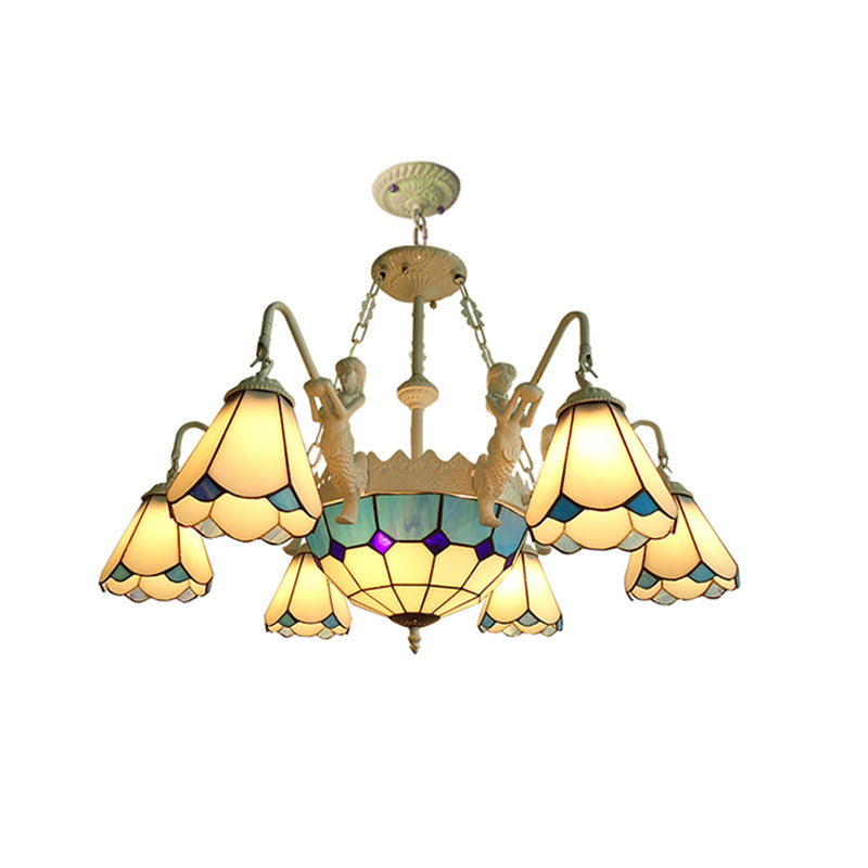 Lustre suspendu baroque en vitrail avec 7/9 lumières - Kit d'éclairage suspendu jaune/bleu pour salon