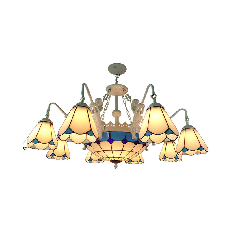 Lustre suspendu baroque en vitrail avec 7/9 lumières - Kit d'éclairage suspendu jaune/bleu pour salon