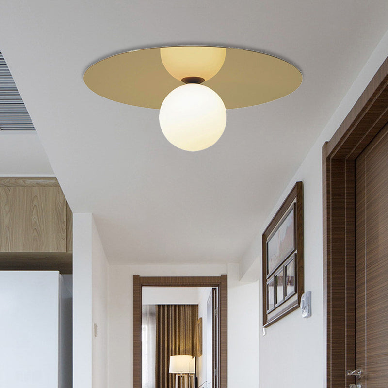 Contemporary 12" Flushmount Ceiling Lamp with Brass Finish, Milk Glass Shade & 1 Bulb
