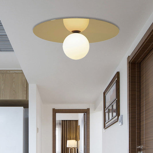 Contemporary 12" Flushmount Ceiling Lamp with Brass Finish, Milk Glass Shade & 1 Bulb