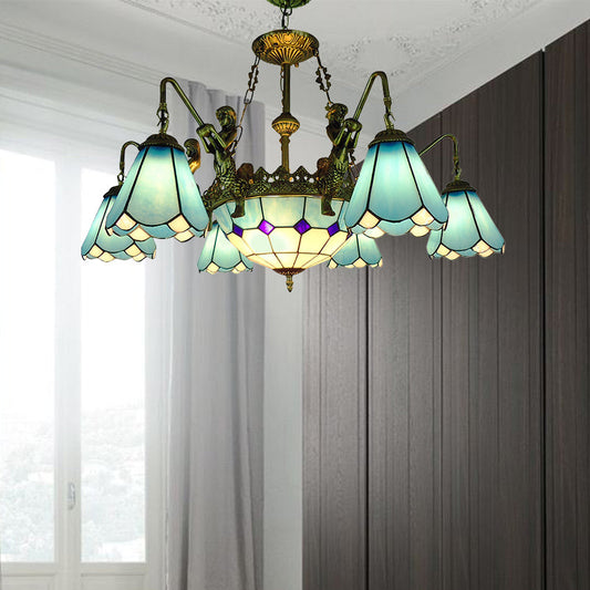 Lustre Tiffany en bronze à 7/9 lumières avec abat-jour en verre conique pour salon