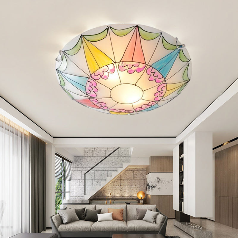 Mediterranean Pink Stained Glass Domed Flush Light Fixture - 3/4 Lights Ceiling Lighting for Bedroom (16"/19.5" Wide)
