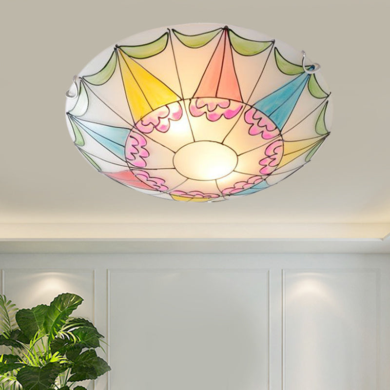Mediterranean Pink Stained Glass Domed Flush Light Fixture - 3/4 Lights Ceiling Lighting for Bedroom (16"/19.5" Wide)