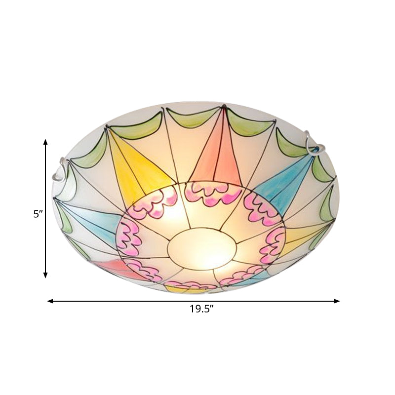 Mediterranean Pink Stained Glass Domed Flush Light Fixture - 3/4 Lights Ceiling Lighting For Bedroom