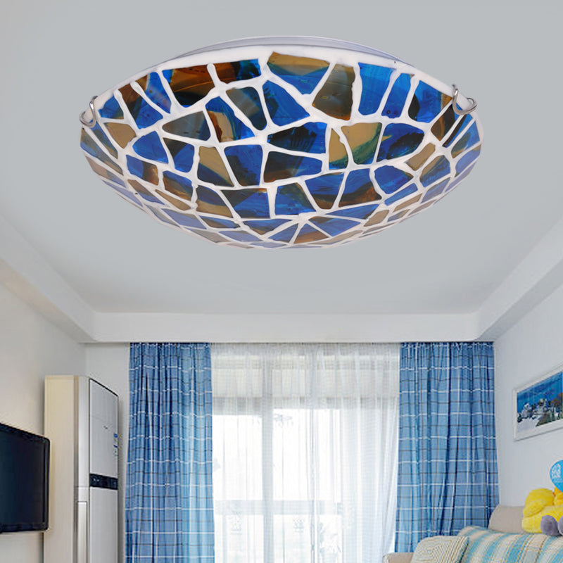Mediterranean Blue Stained Glass Flushmount Lighting - 2/3/4 Lights, Close to Ceiling Lamp for Living Room - Sizes: 12"/16"/19.5