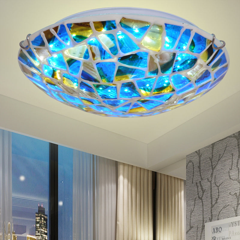 Mediterranean Blue Stained Glass Flushmount Lighting - 2/3/4 Lights, Close to Ceiling Lamp for Living Room - Sizes: 12"/16"/19.5