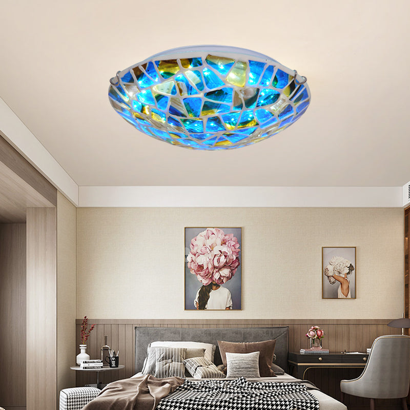 Mediterranean Blue Stained Glass Flushmount Lighting - 2/3/4 Lights, Close to Ceiling Lamp for Living Room - Sizes: 12"/16"/19.5