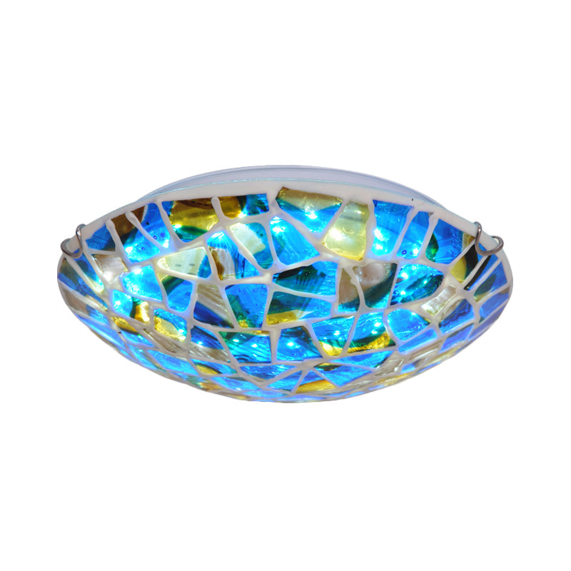 Mediterranean Blue Stained Glass Flushmount Lighting - 2/3/4 Lights, Close to Ceiling Lamp for Living Room - Sizes: 12"/16"/19.5