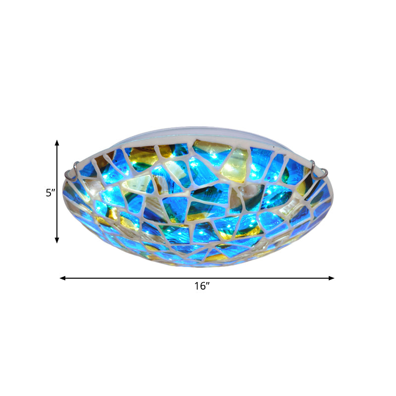 Mediterranean Blue Stained Glass Flushmount Lighting - 2/3/4 Lights, Close to Ceiling Lamp for Living Room - Sizes: 12"/16"/19.5