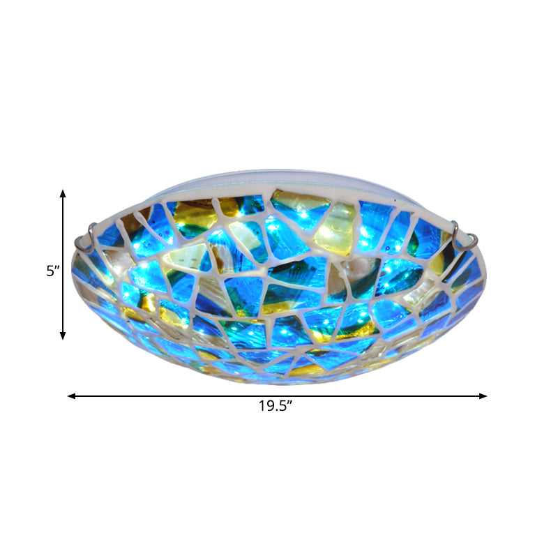 Mediterranean Blue Stained Glass Flushmount Lighting - 2/3/4 Lights, Close to Ceiling Lamp for Living Room - Sizes: 12"/16"/19.5