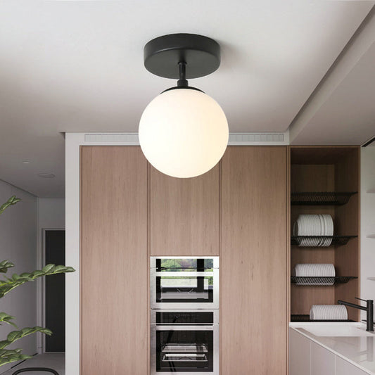 Minimalist Semi-Flushmount Brass/Black Close to Ceiling Light with Frosted Globe Glass Shade