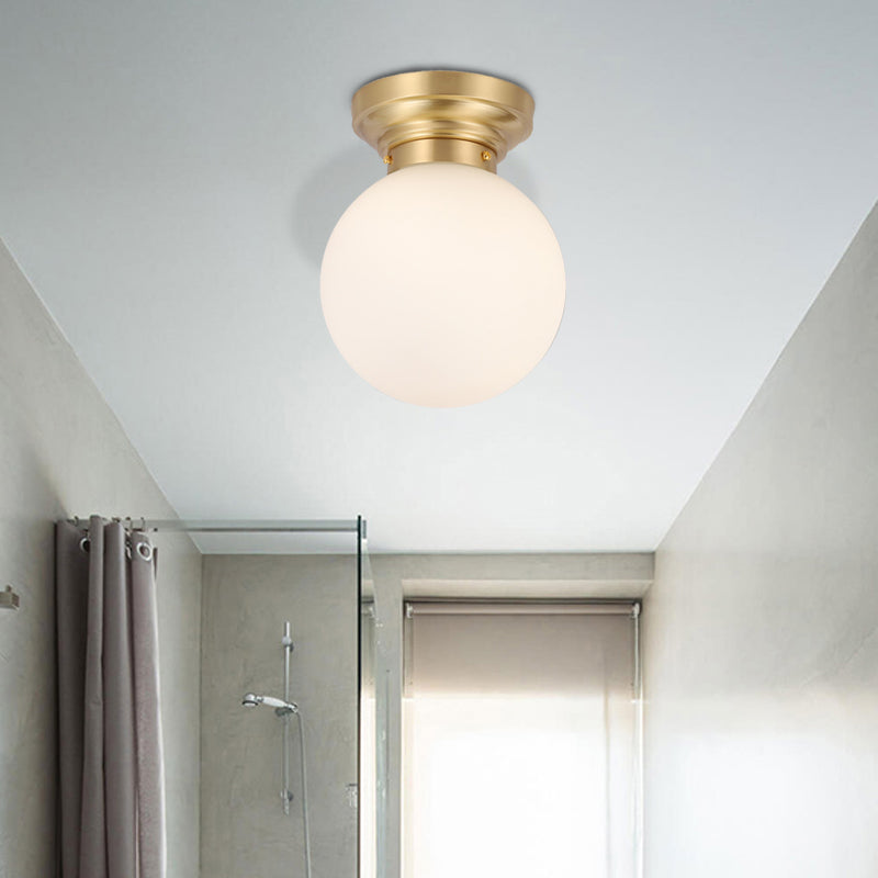 Minimalist Semi-Flushmount Brass/Black Close to Ceiling Light with Frosted Globe Glass Shade