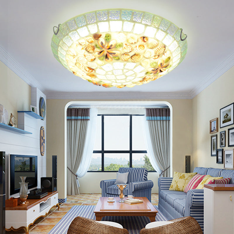 Tiffany-Style LED Flush Mount Lamp with Beige Shell Bowl Shade - Bedroom Ceiling Light Fixture (12"/16"/19.5")