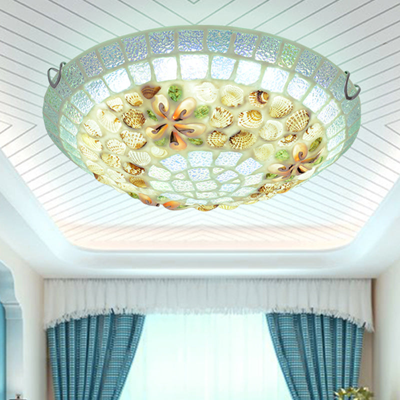 Tiffany-Style LED Flush Mount Lamp with Beige Shell Bowl Shade - Bedroom Ceiling Light Fixture (12"/16"/19.5")
