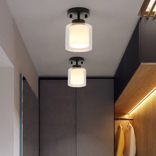 Contemporary Cylinder Semi Flush Ceiling Light with Glass Shade - Black/Silver/Gold Finish, 1 Bulb Fixture
