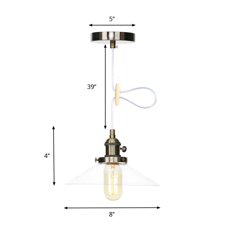 Farmhouse Style Cone Pendant Lamp: Metallic & Clear Glass Height-Adjustable Ceiling Light