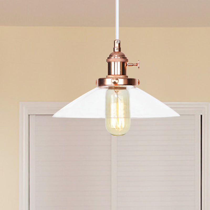 Farmhouse Style Cone Pendant Lamp: Metallic & Clear Glass Height-Adjustable Ceiling Light Rose Gold