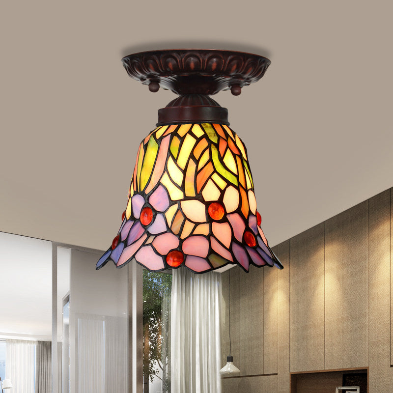 Victorian Bell Flush Mount Ceiling Lamp - Pink/Blue Stained Glass Bedroom Light Fixture with 1 Light