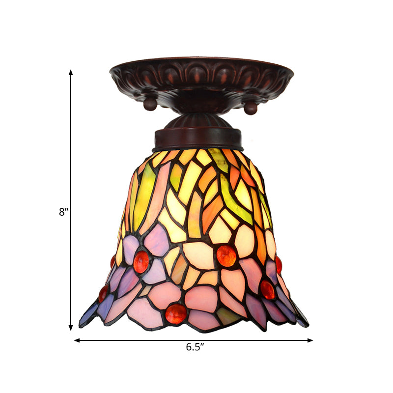 Victorian Bell Flush Mount Ceiling Lamp - Pink/Blue Stained Glass Bedroom Light Fixture with 1 Light