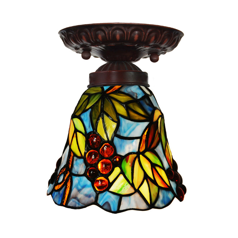 Victorian Bell Flush Mount Ceiling Lamp - Pink/Blue Stained Glass Bedroom Light Fixture with 1 Light