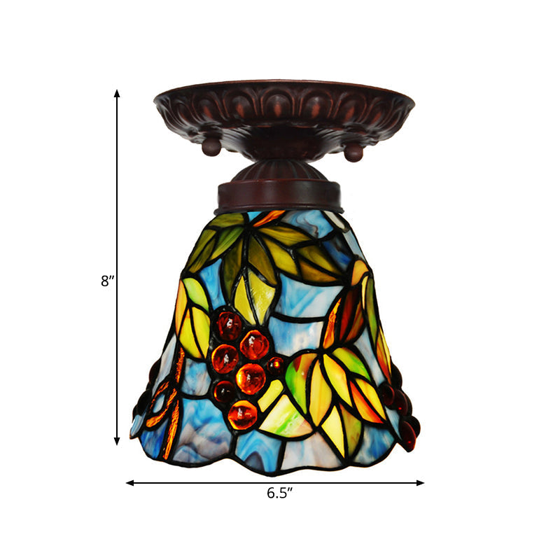 Victorian Bell Flush Mount Ceiling Lamp - Pink/Blue Stained Glass Bedroom Light Fixture with 1 Light