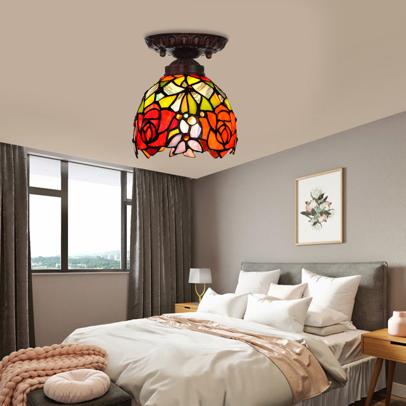 Victorian Ceiling-Mounted Stained Glass Light with Domed Design - 1 Light Flushmount - Red/Pink/Orange - Ideal for Corridors