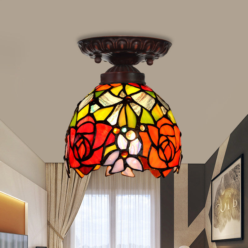 Victorian Ceiling-Mounted Stained Glass Light with Domed Design - 1 Light Flushmount - Red/Pink/Orange - Ideal for Corridors
