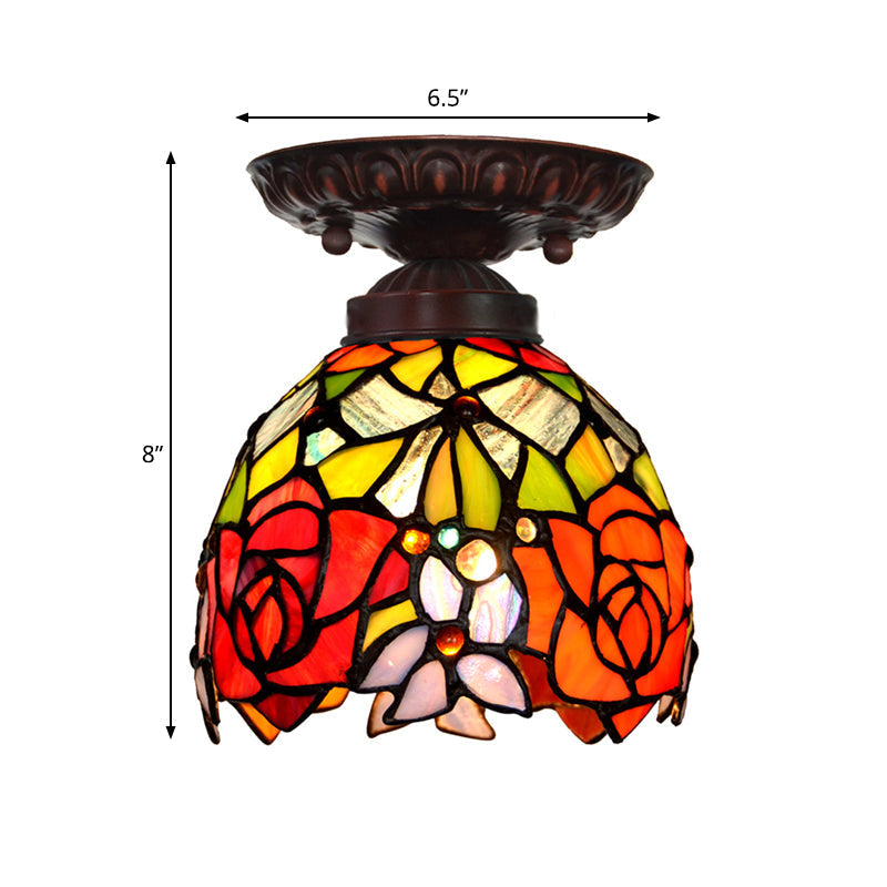 Victorian Ceiling-Mounted Stained Glass Light with Domed Design - 1 Light Flushmount - Red/Pink/Orange - Ideal for Corridors