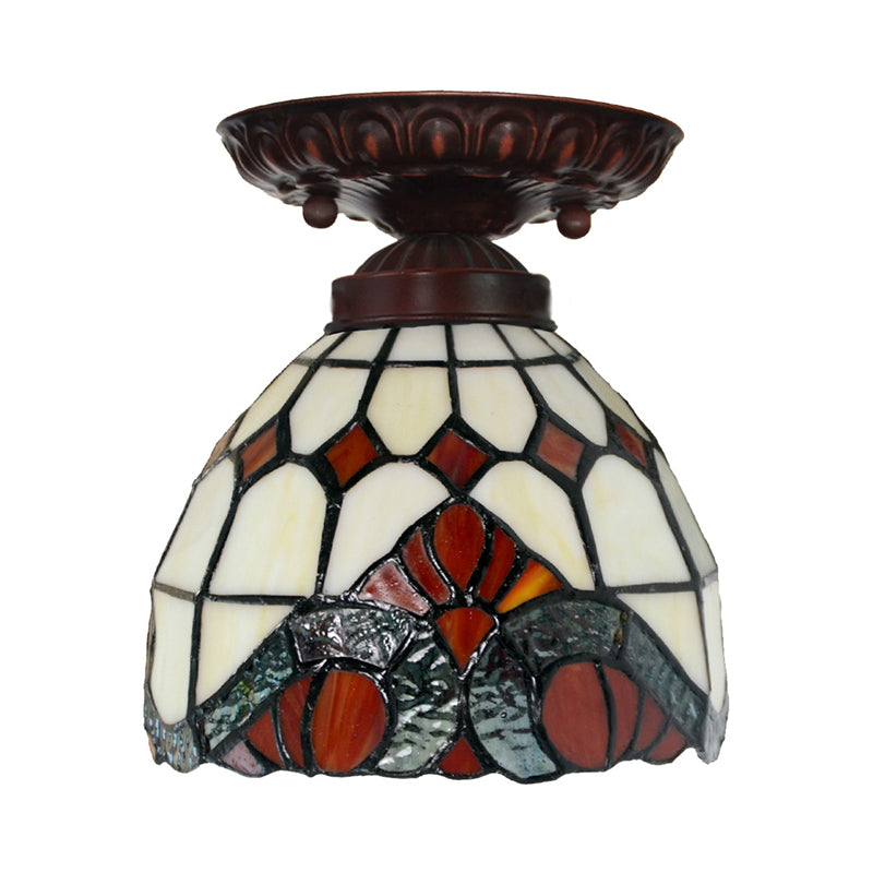 Victorian Ceiling-Mounted Stained Glass Light with Domed Design - 1 Light Flushmount - Red/Pink/Orange - Ideal for Corridors