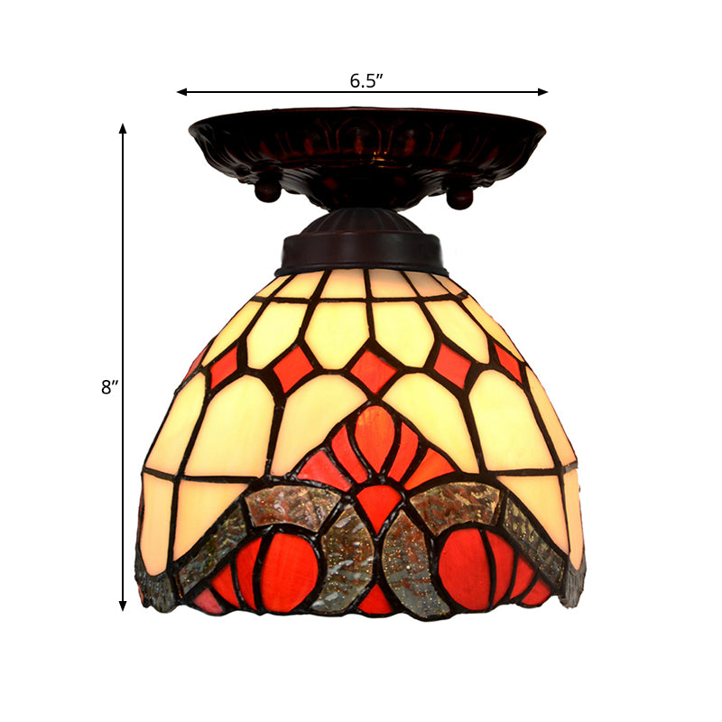 Victorian Ceiling-Mounted Stained Glass Light with Domed Design - 1 Light Flushmount - Red/Pink/Orange - Ideal for Corridors