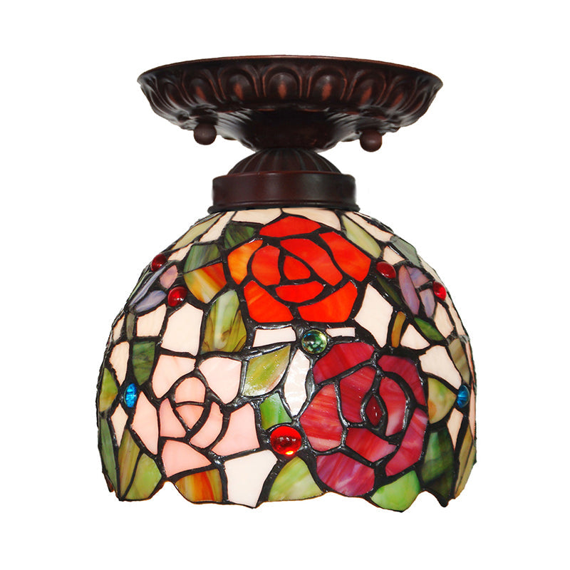 Victorian Ceiling-Mounted Stained Glass Light with Domed Design - 1 Light Flushmount - Red/Pink/Orange - Ideal for Corridors