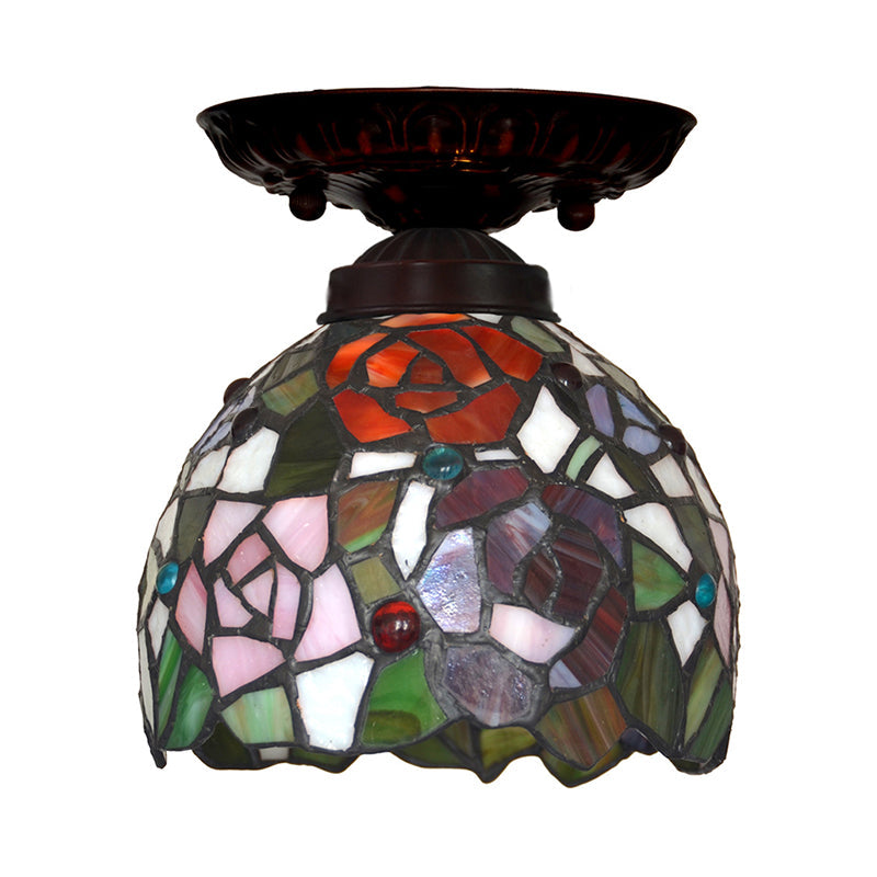Victorian Ceiling-Mounted Stained Glass Light with Domed Design - 1 Light Flushmount - Red/Pink/Orange - Ideal for Corridors