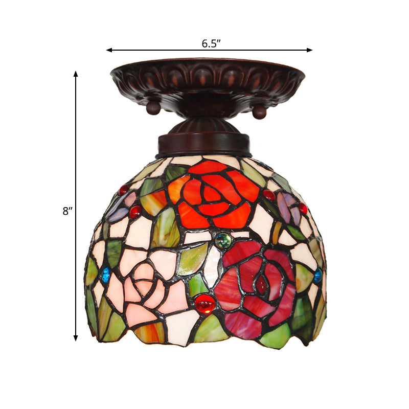 Victorian Ceiling-Mounted Stained Glass Light with Domed Design - 1 Light Flushmount - Red/Pink/Orange - Ideal for Corridors