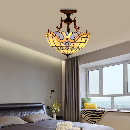 Dome Semi-Mount Tiffany Beige/Light Blue Glass Ceiling Light Fixture - Bronze, 3-Light - Living Room