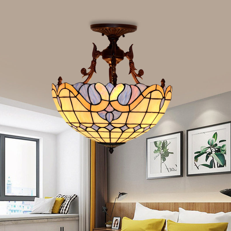 Dome Semi-Mount Tiffany Beige/Light Blue Glass Ceiling Light Fixture - Bronze, 3-Light - Living Room