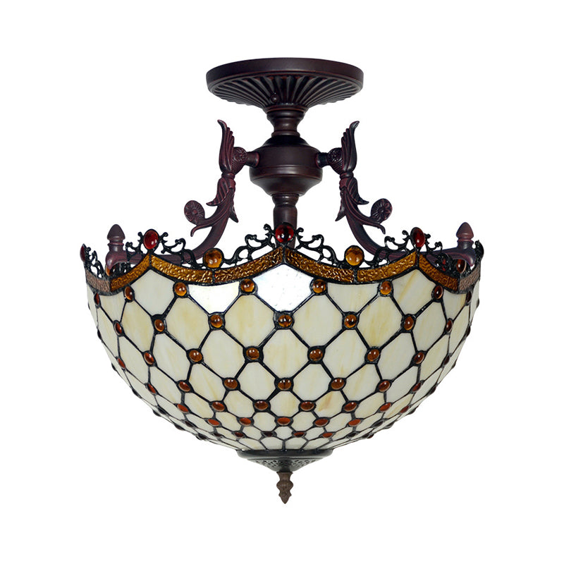 Dome Semi-Mount Tiffany Beige/Light Blue Glass Ceiling Light Fixture - Bronze, 3-Light - Living Room