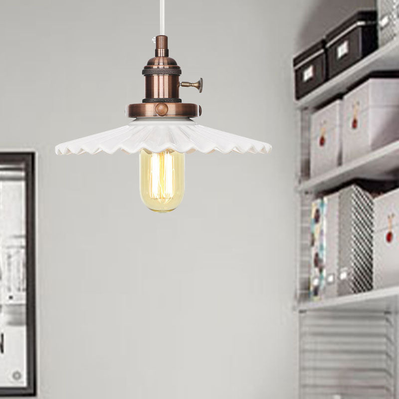 Ceramic Scalloped Edge Industrial Pendant Light with Single Bulb for Dining Rooms in Black, Bronze, or Brass Finishes