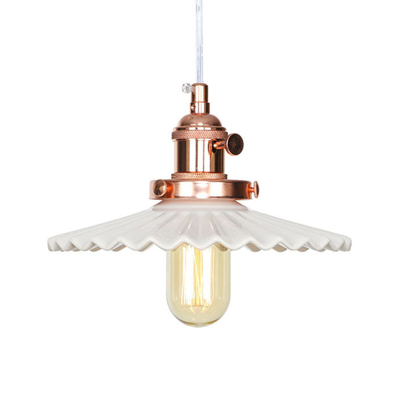 Ceramic Scalloped Edge Industrial Pendant Light with Single Bulb for Dining Rooms in Black, Bronze, or Brass Finishes