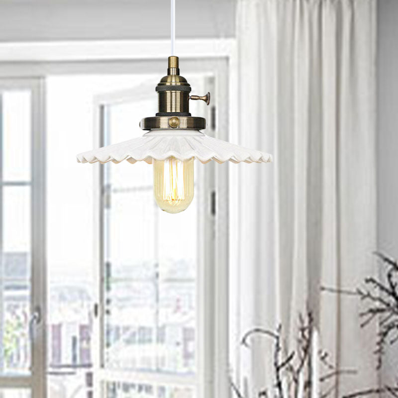 Ceramic Scalloped Edge Industrial Pendant Light with Single Bulb for Dining Rooms in Black, Bronze, or Brass Finishes