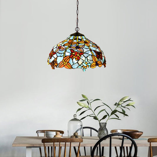 Lustre méditerranéen à pétales avec verre taillé rouge/bleu et finition bronze - 2 lumières pour cuisine