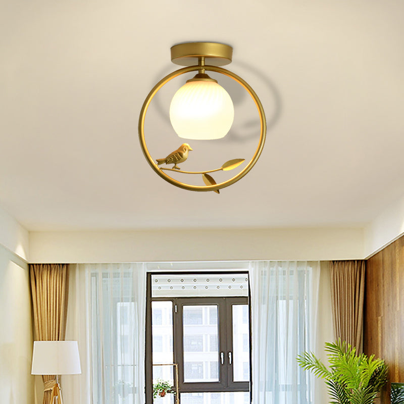 Modern Gold Metal Ring Flush Mount with Glass Dome Lampshade and 1 Bulb