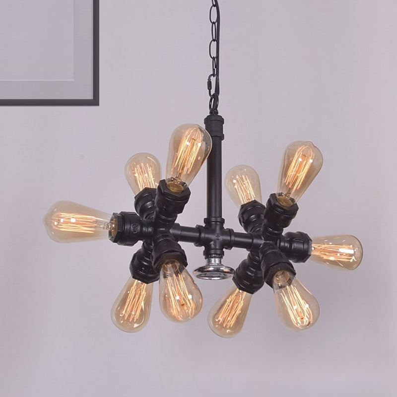 Lampe suspendue noire à 10 têtes de style campagnard avec ampoules apparentes et design Spoutnik
